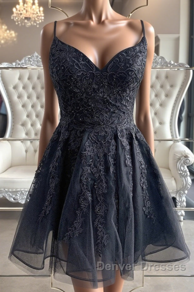 Black V Neck Backless Lace Short Prom Dress, Backless Black Lace Homecoming Dress, Black Lace Formal Evening Dress