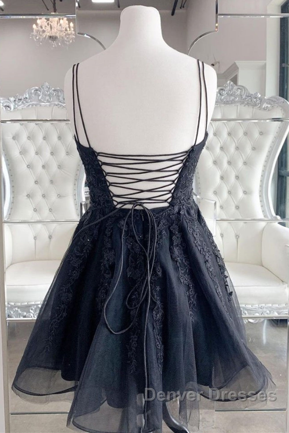 Black V Neck Backless Lace Short Prom Dress, Backless Black Lace Homecoming Dress, Black Lace Formal Evening Dress Secondary image