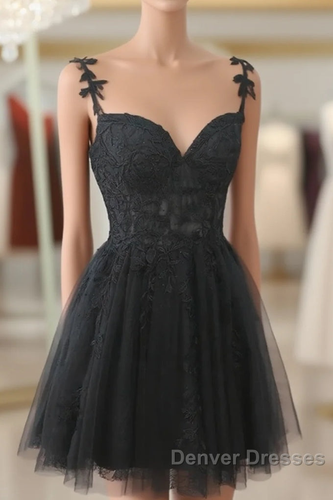 Black V Neck Beaded Tulle And Lace Prom Dress, Cute Black Homecoming Dress