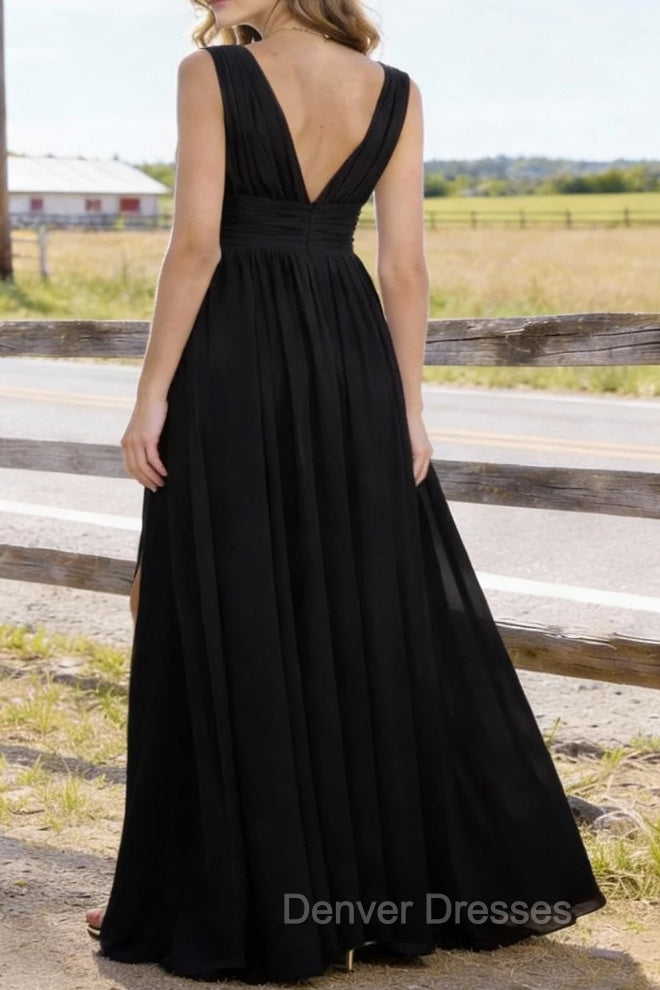 Black V Neck Chiffon Floor Length Prom Dresses Long Prom Dress With Pleated Split