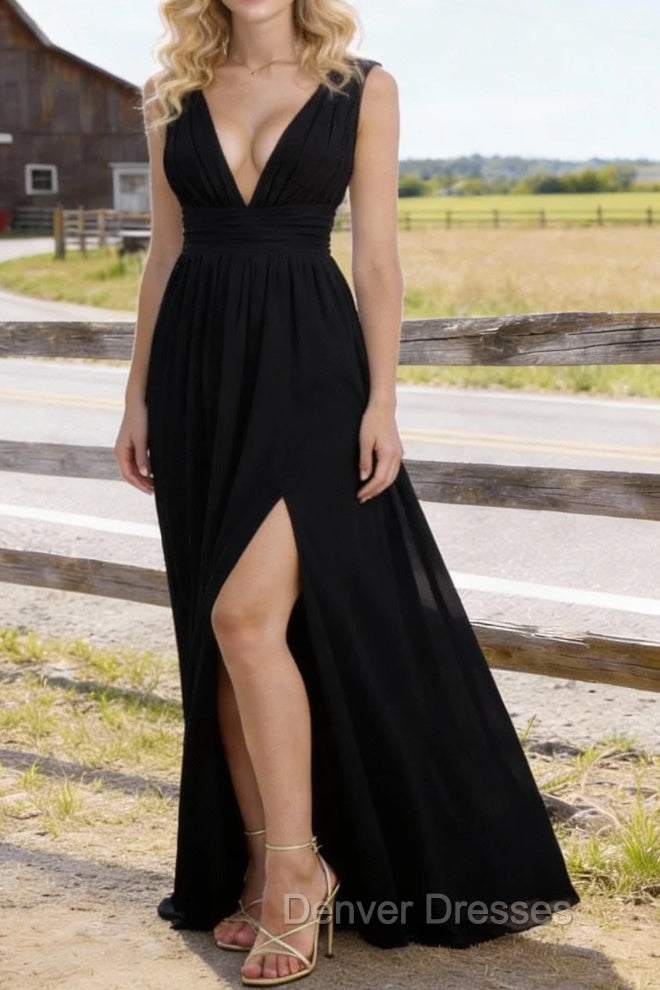 Black V Neck Chiffon Floor Length Prom Dresses Long Prom Dress With Pleated Split Main image