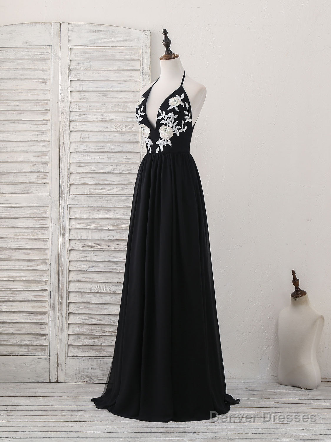 Black V Neck Chiffon Lace Long Prom Dress Black Evening Dress Main image