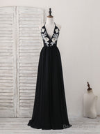 Black V Neck Chiffon Lace Long Prom Dress Black Evening Dress
