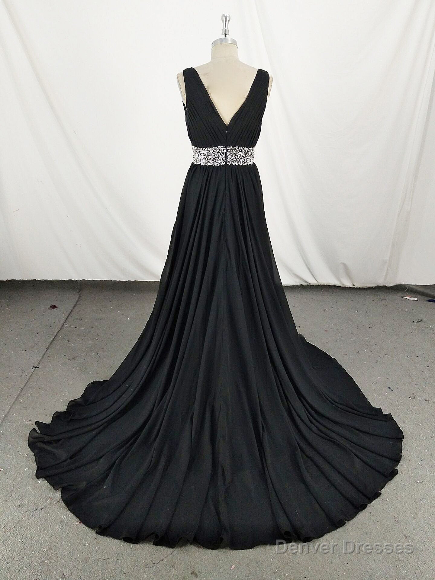 Black V Neck Chiffon Sequin Long Prom Dress, Black Evening Dress Main image