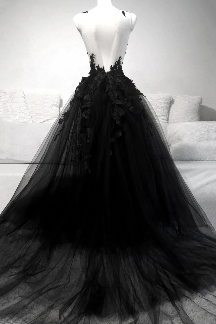Black V Neck Lace Long Prom Dress A Line Evening Dress Secondary image