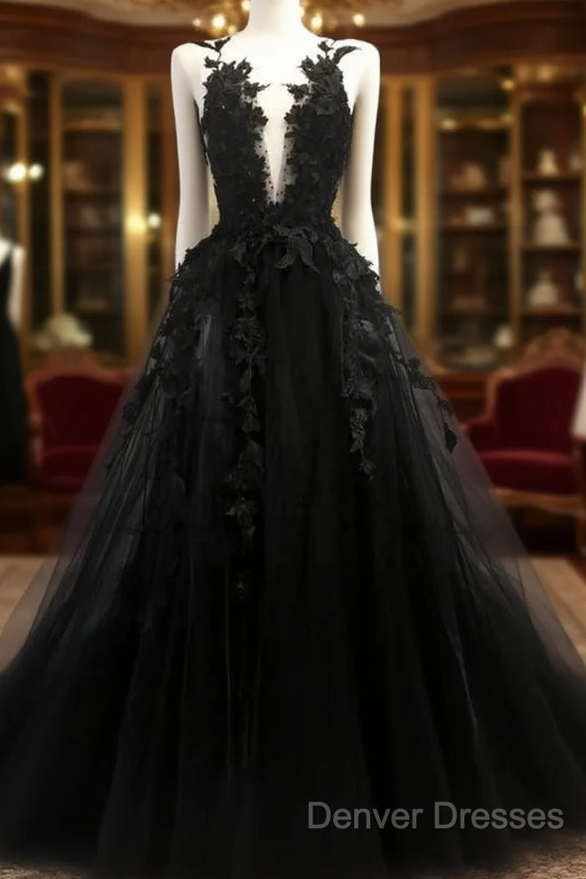 Black V Neck Lace Long Prom Dress A Line Evening Dress Main image