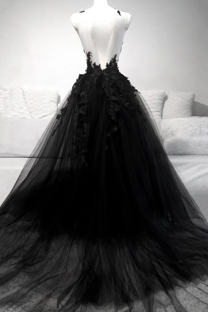 Black V Neck Lace Long Prom Dress A Line Evening Dress Secondary image