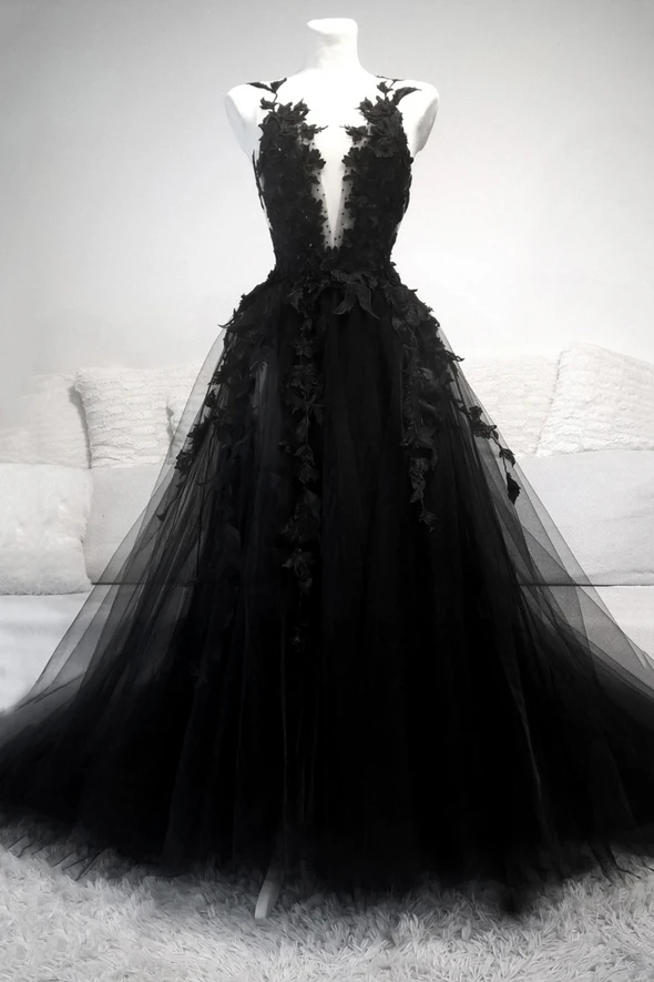 Black V Neck Lace Long Prom Dress A Line Evening Dress Main image