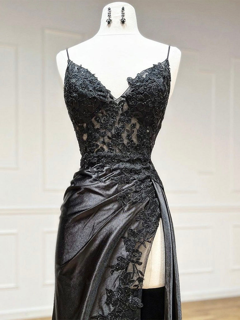 Black V Neck Lace Satin Long Prom Dress, Black Formal Evening Dress Secondary image