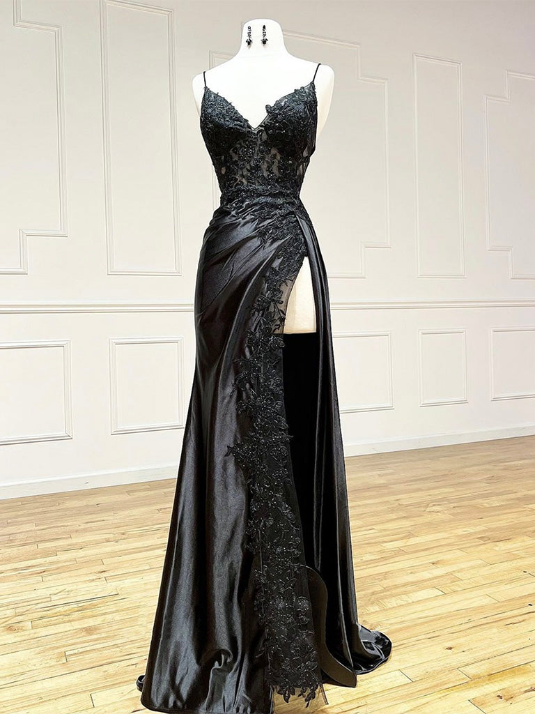 Black V Neck Lace Satin Long Prom Dress, Black Formal Evening Dress Main image