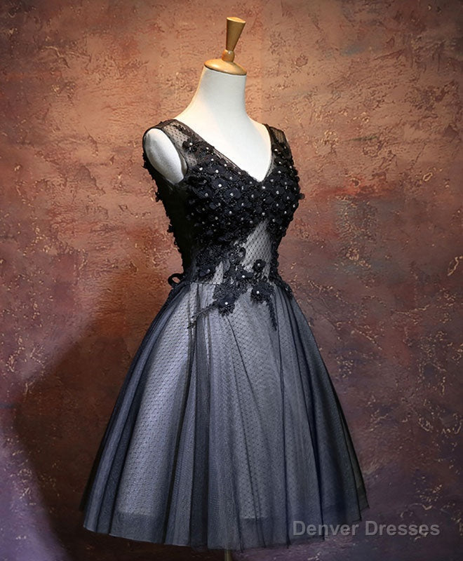 Black V Neck Lace Short Prom Dress, Black Evening Dress
