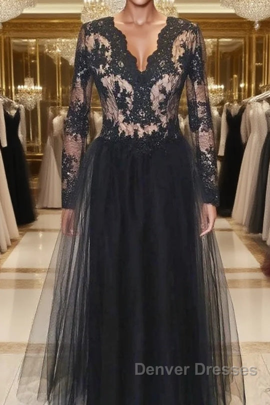 Black v neck lace tulle long evening Dress black lace prom Dress Main image