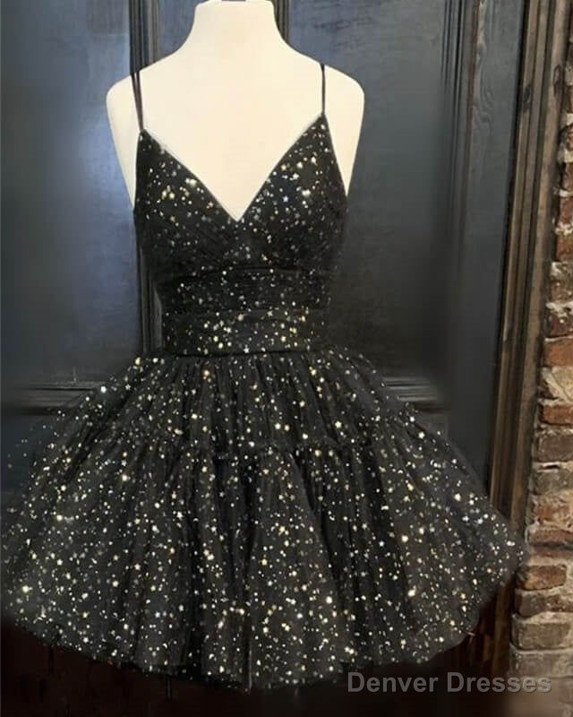 Black V Neck Ruffles Starry Homecoming Dresses Main image