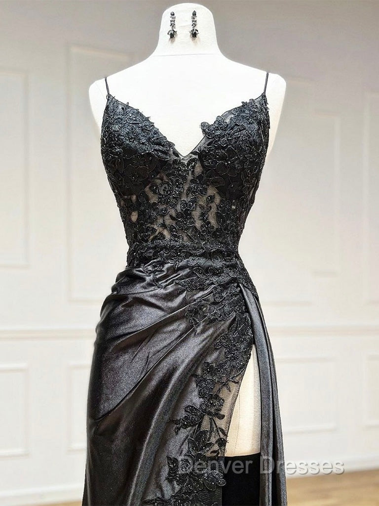 Dark Blue V Neck Satin Lace Long Prom Dress, Dark Blue Lace Long Evening Dress Secondary image