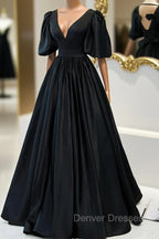 Black V-Neck Satin Long Prom Dress, A-Line Short Sleeve Evening Dress