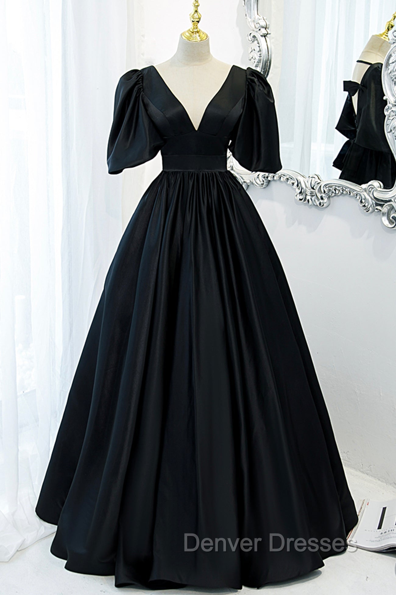 Black V-Neck Satin Long Prom Dress, A-Line Short Sleeve Evening Dress Main image