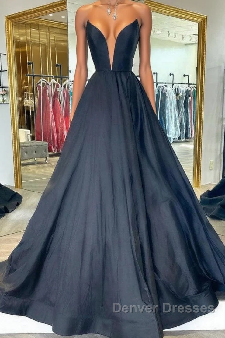 Black v neck satin long prom Dress, black evening Dress Main image