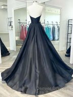 Black v neck satin long prom Dress, black evening Dress