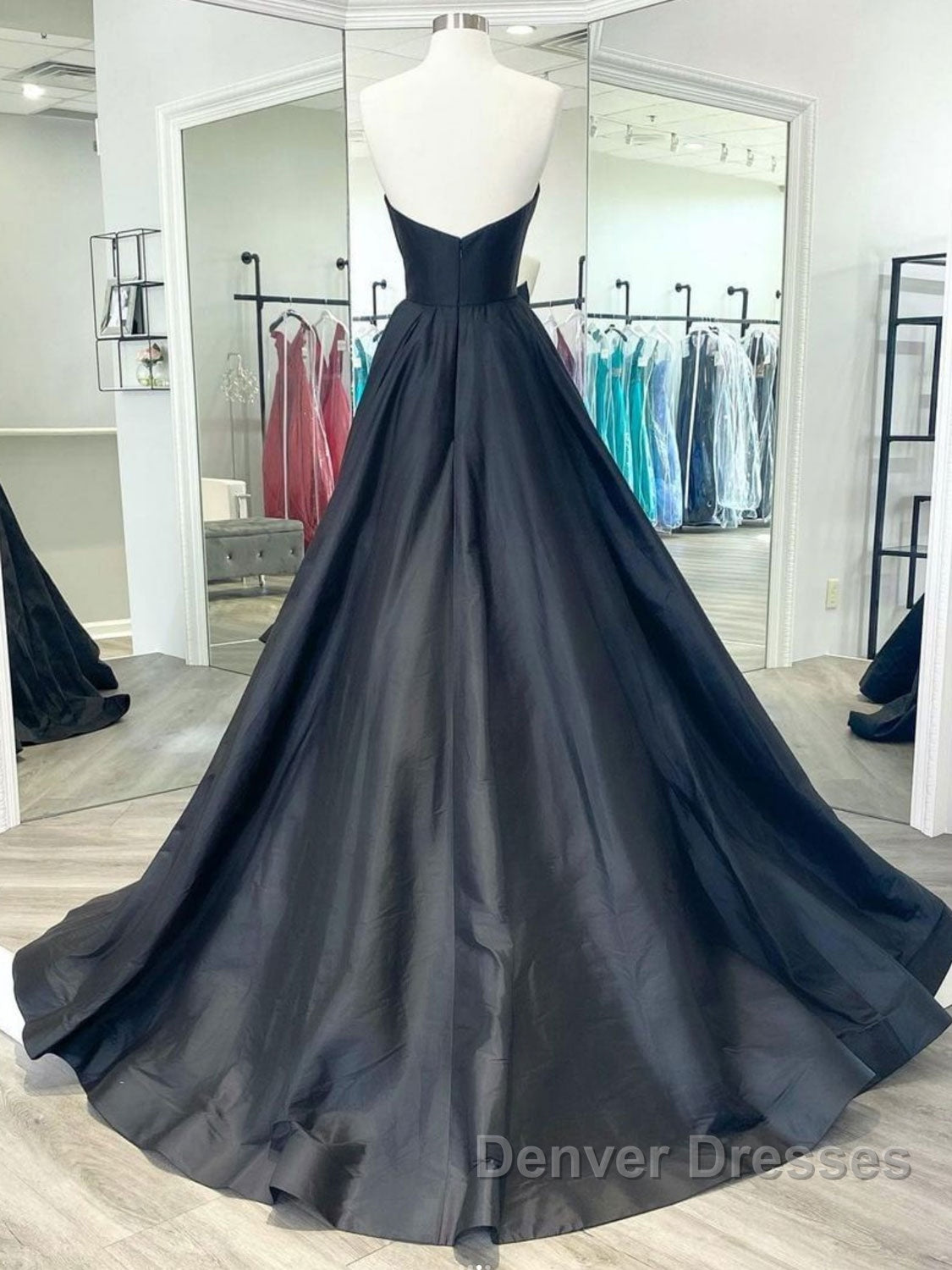 Black v neck satin long prom Dress, black evening Dress
