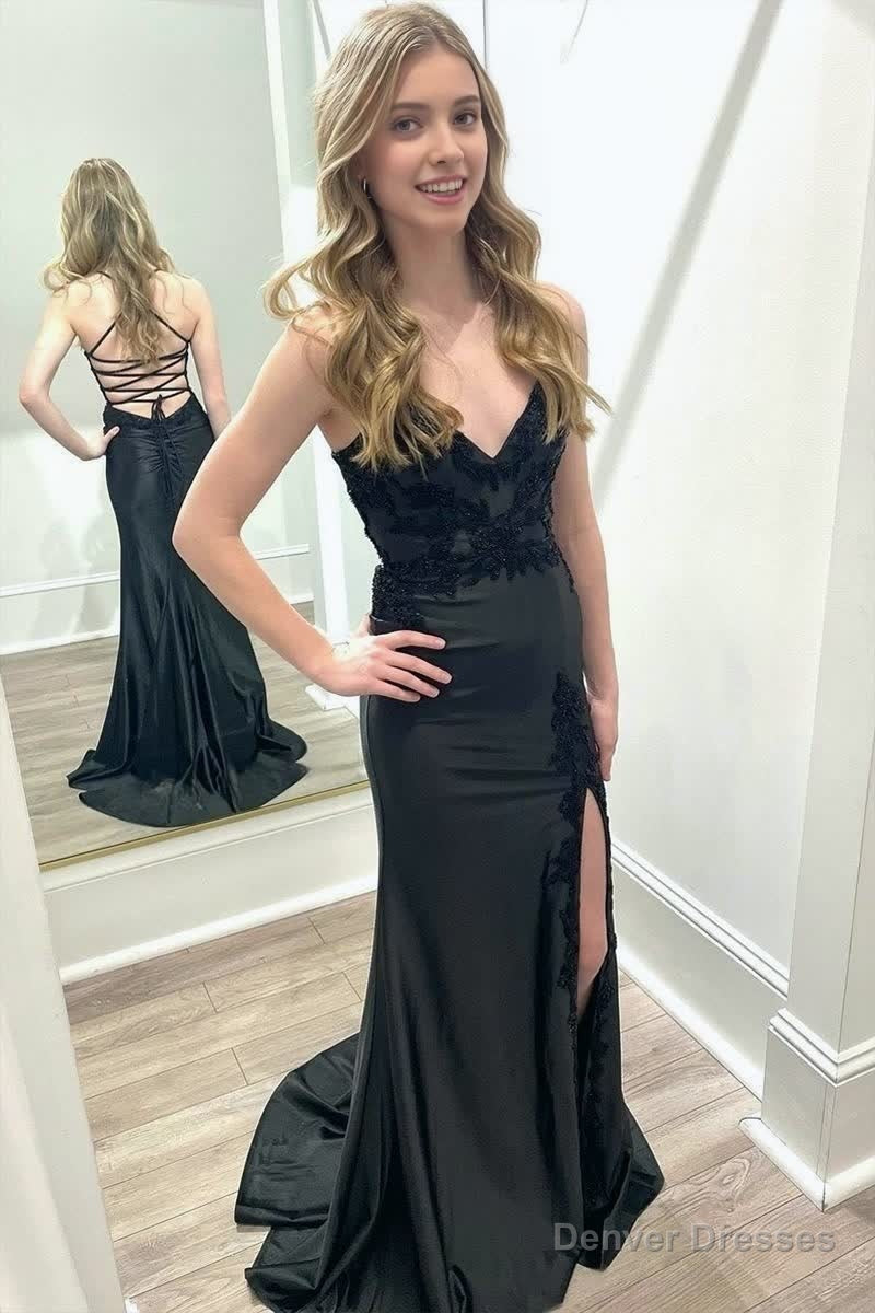 Black V Neck Satin Mermaid Long Prom Dresses with Slit Main image