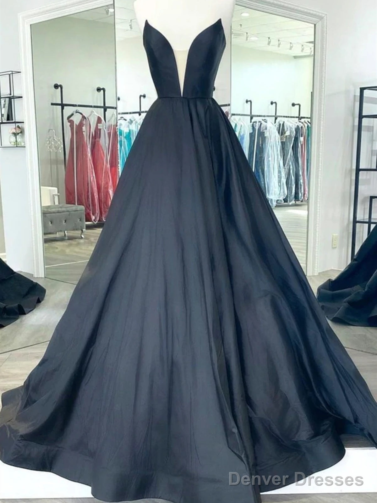 Black V Neck Satin Prom Dresses, Black V Neck Long Formal Graduation Dresses Main image