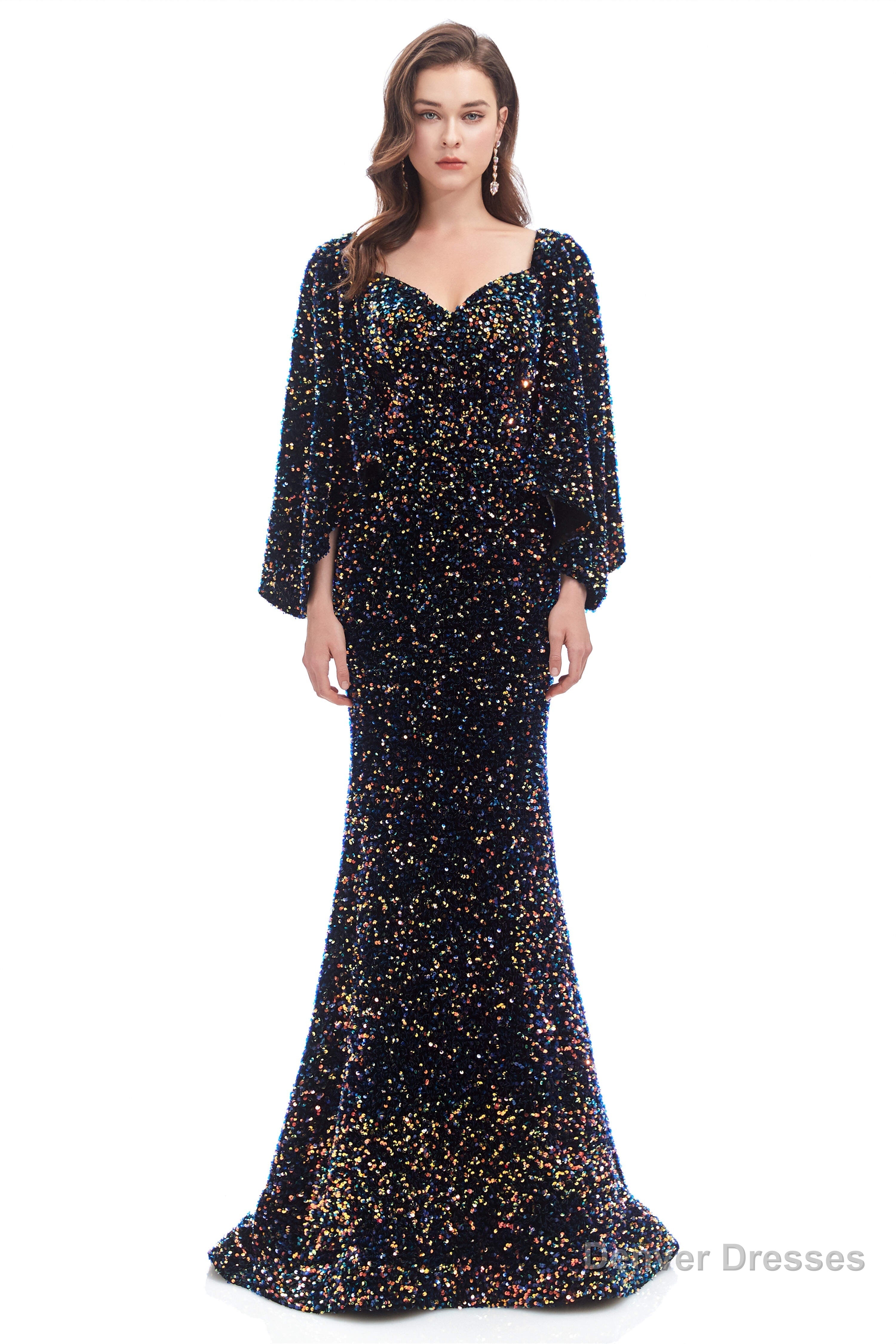 V-Neck Sequins Mermaid Prom Dresses with Sleeves Secondary image