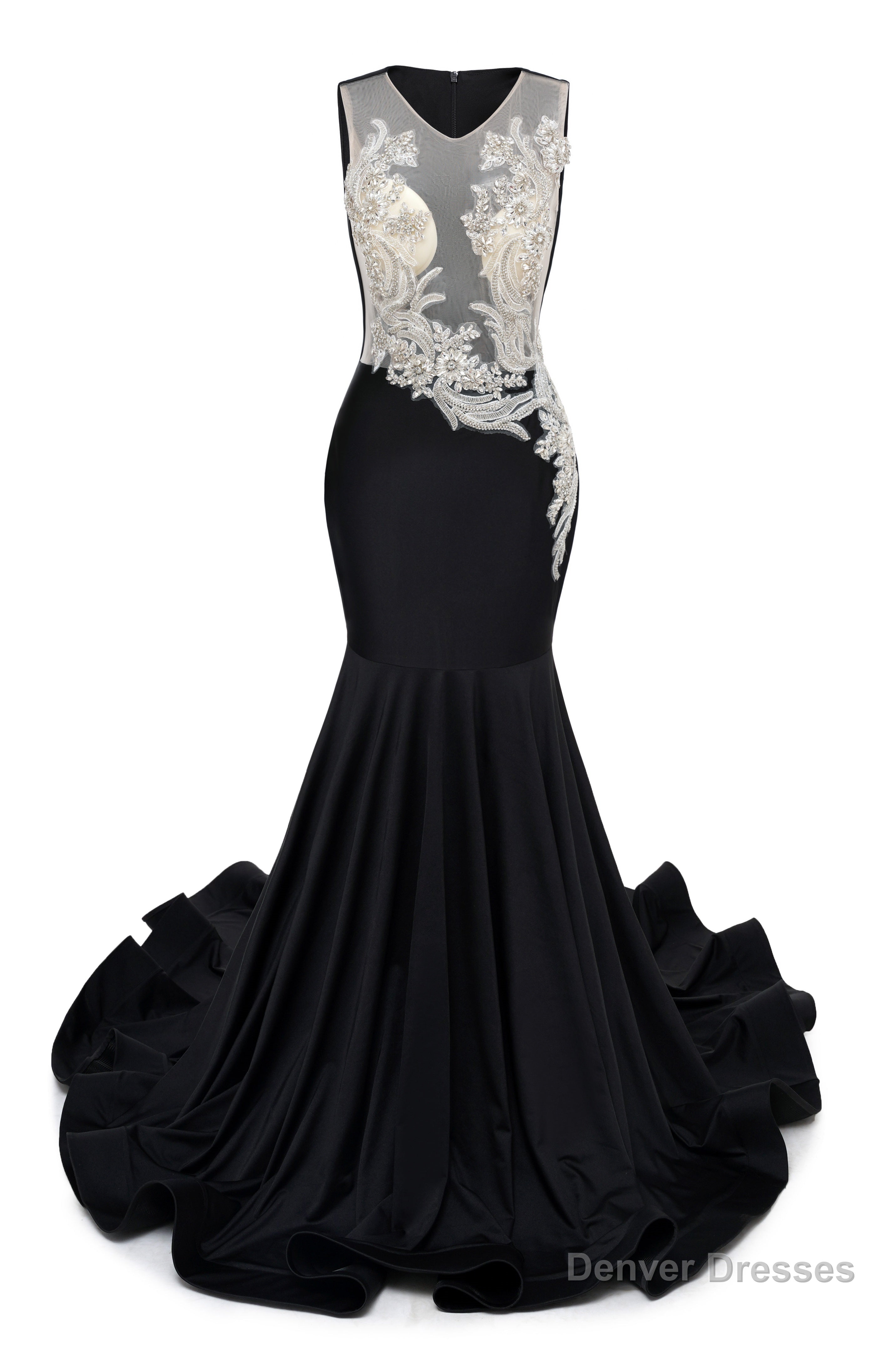 Black V-Neck Sheer Corset Prom Dresses Beaded Mermaid Long Train Evening Gowns Main image