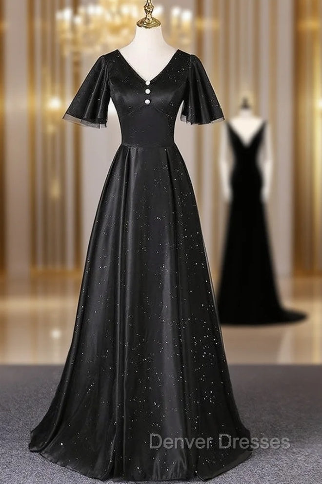 Black V-neck Short Sleeve Prom Dress Main image