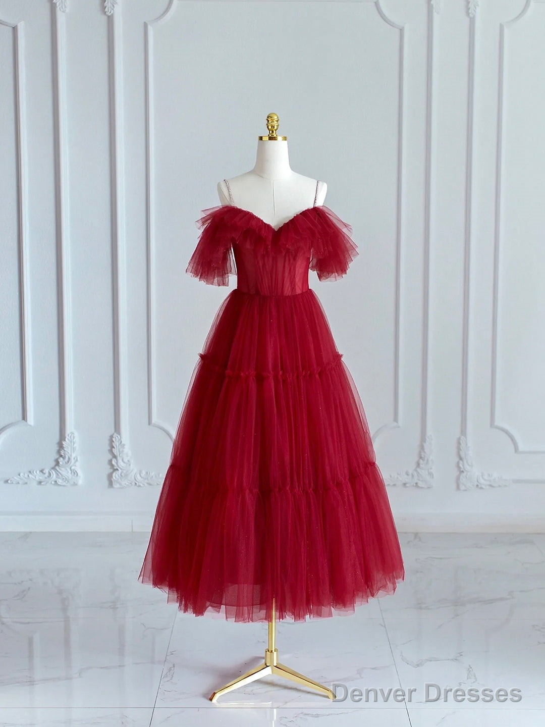 Black V-Neck Spaghetti Strap Tea Length Prom Dress, Cute A-Line Evening Party Dress Main image