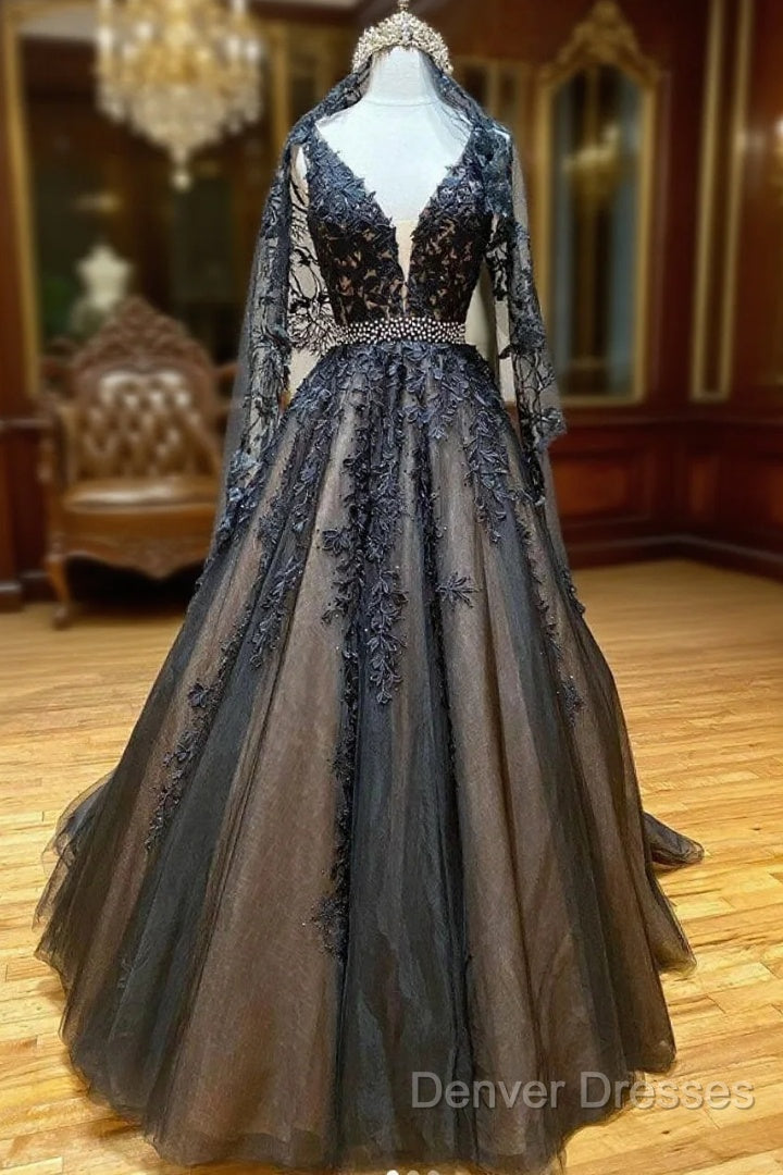 Black V Neck Tulle Lace Beads Long Prom Dress Black Evening Dress Main image