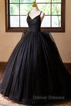Black V-Neck Tulle Lace Prom Dress, Gorgeous A-Line Evening Party Dress