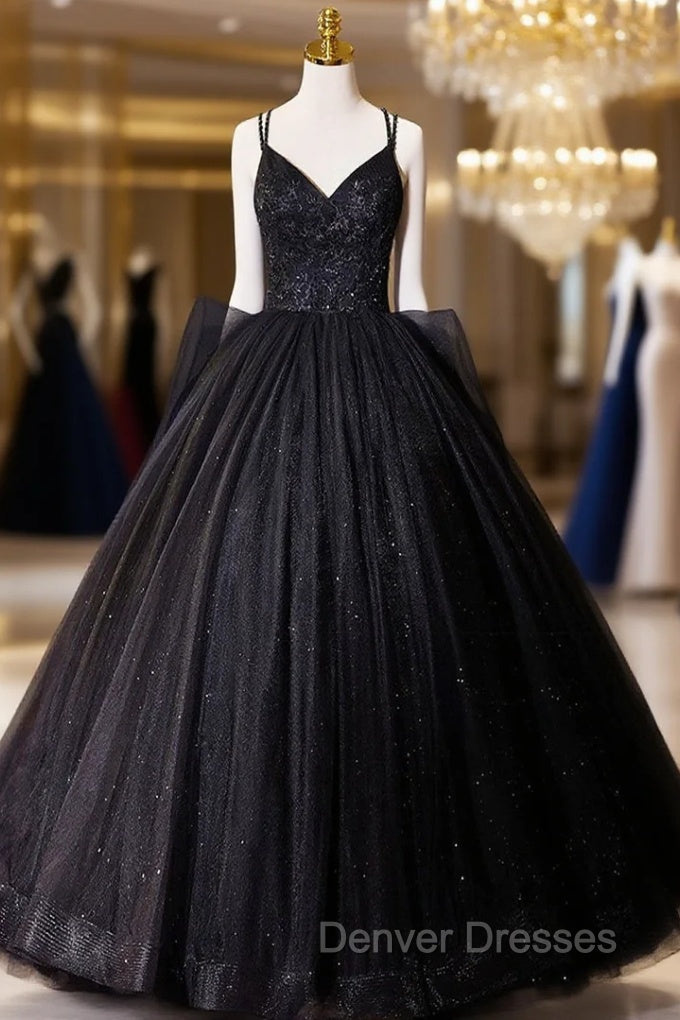 Black V-Neck Tulle Lace Prom Dress, Gorgeous A-Line Evening Party Dress Main image
