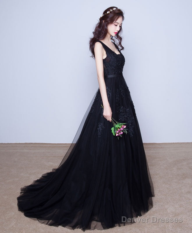 Black V Neck Tulle Lace Prom Dress, Lace Evening Dress Main image