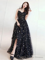 Black V Neck Tulle Long Prom Dress, Black Evening Dress
