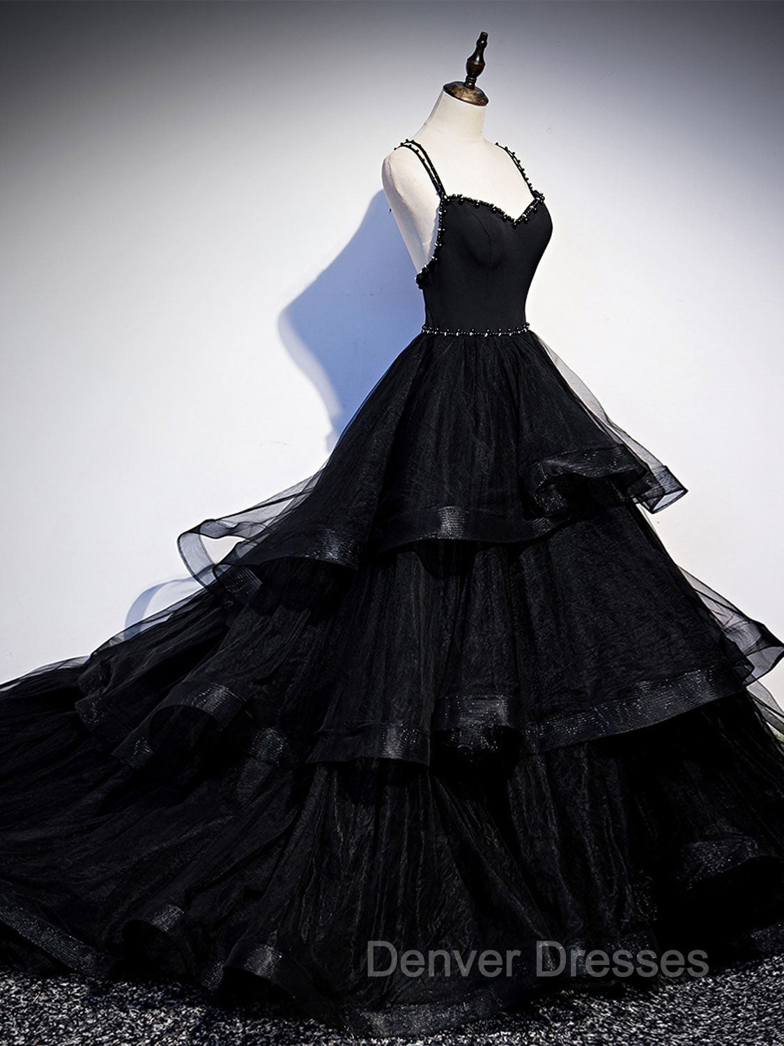 Black V Neck Tulle Long Prom Dress, Black Formal Graduation Dress with Beading Secondary image