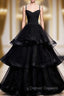 Black V Neck Tulle Long Prom Dress, Black Formal Graduation Dress with Beading