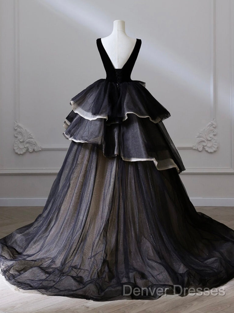 Black V Neck Tulle Long Prom Dress, Black Long Evening Dress Secondary image