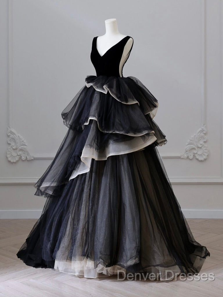 Black V Neck Tulle Long Prom Dress, Black Long Evening Dress