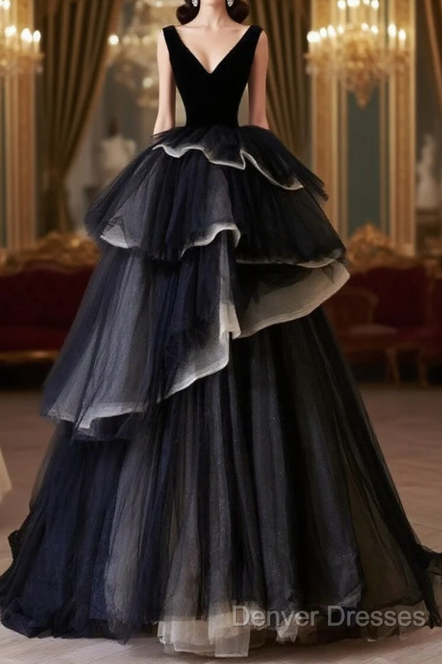 Black V Neck Tulle Long Prom Dress, Black Long Evening Dress Main image