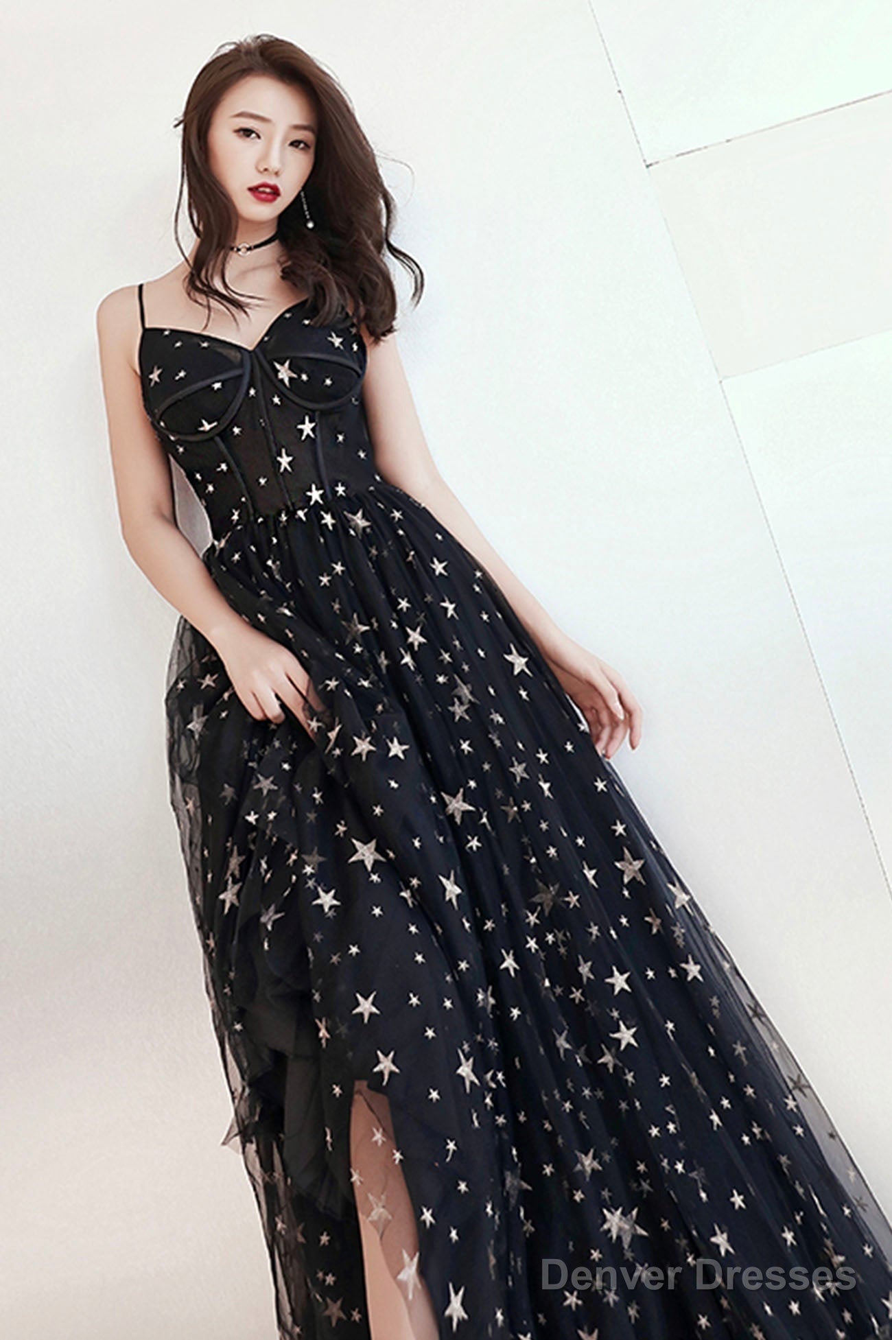 Black V-Neck Tulle Long Prom Dress, Cute A-Line Evening Dress With Stars