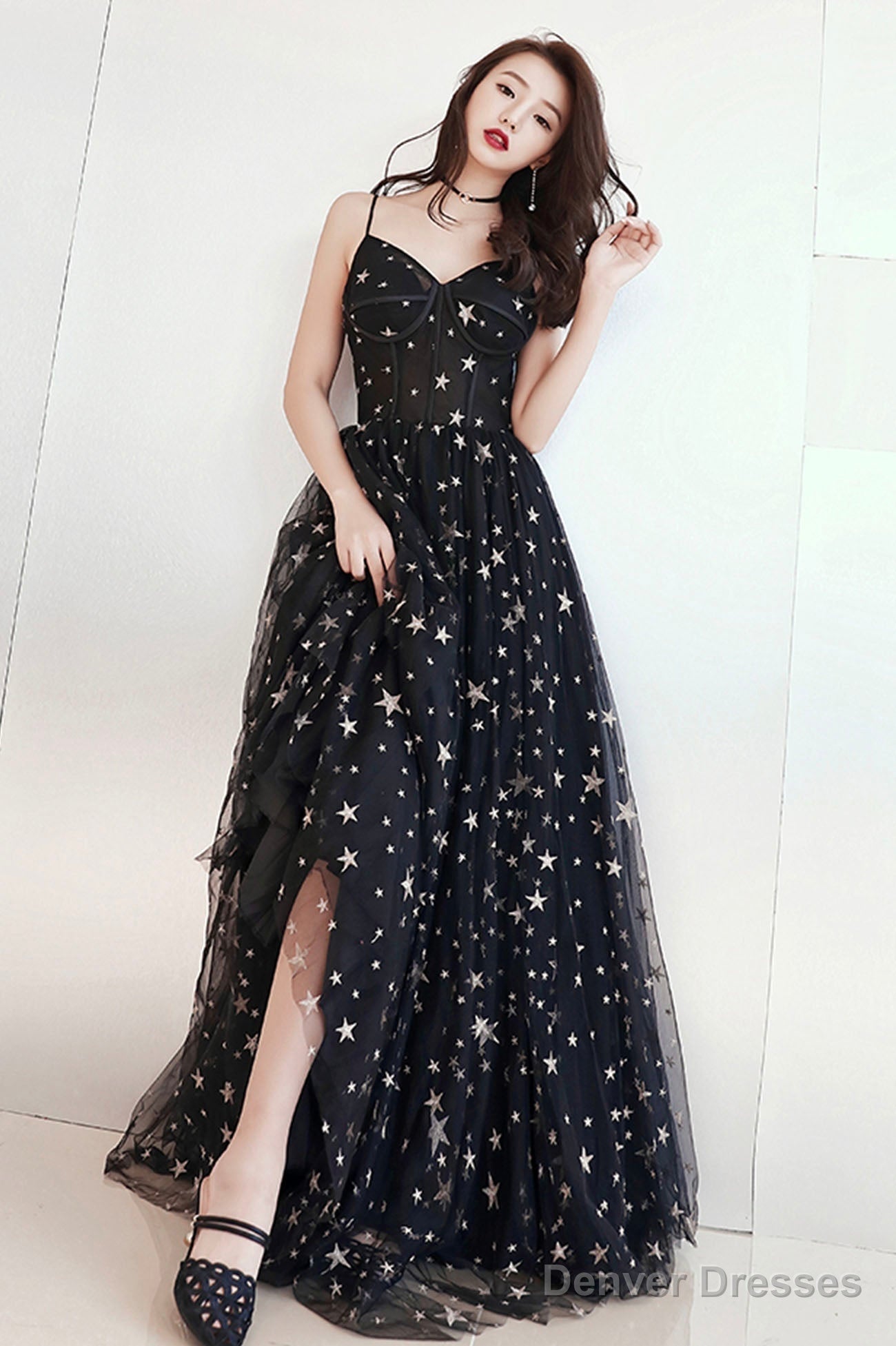 Black V-Neck Tulle Long Prom Dress, Cute A-Line Evening Dress With Stars Main image