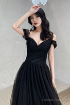 Black V-Neck Tulle Long Prom Dress, Off The Shoulder Evening Dress