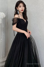 Black V-Neck Tulle Long Prom Dress, Off The Shoulder Evening Dress