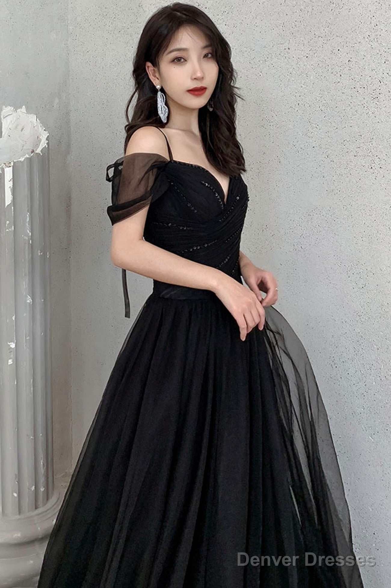 Black V-Neck Tulle Long Prom Dress, Off The Shoulder Evening Dress