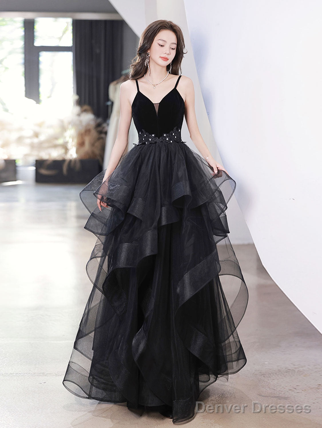 Black V Neck Tulle Long Prom Dresses, Black Formal Evening Dress Main image