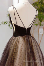 Black V-Neck Tulle Short Prom Dress, A-Line Black Tea Length Party Dress