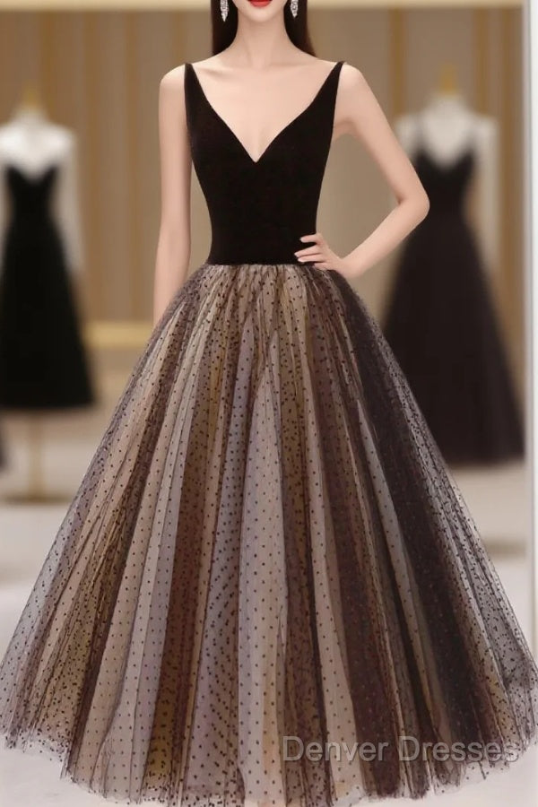 Black V-Neck Tulle Short Prom Dress, A-Line Black Tea Length Party Dress