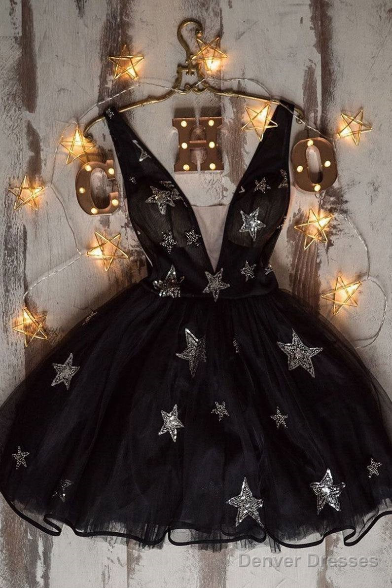Black V Neck Tulle Short Prom Dress Black Homecoming Dress Main image
