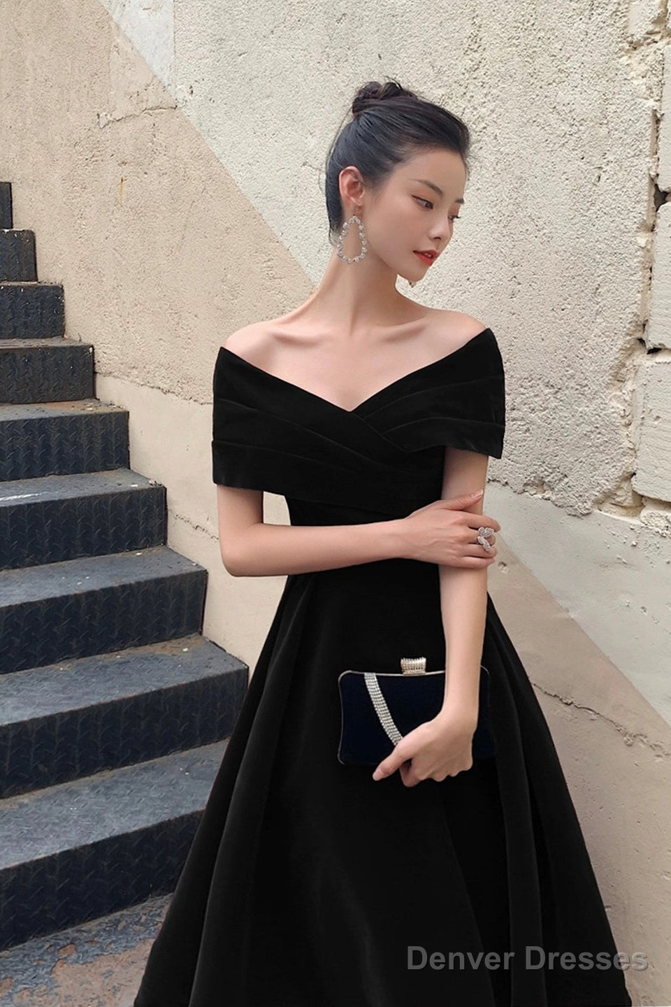 Black V-Neck Velvet Floor Length Prom Dress, Black Evening Party Dress