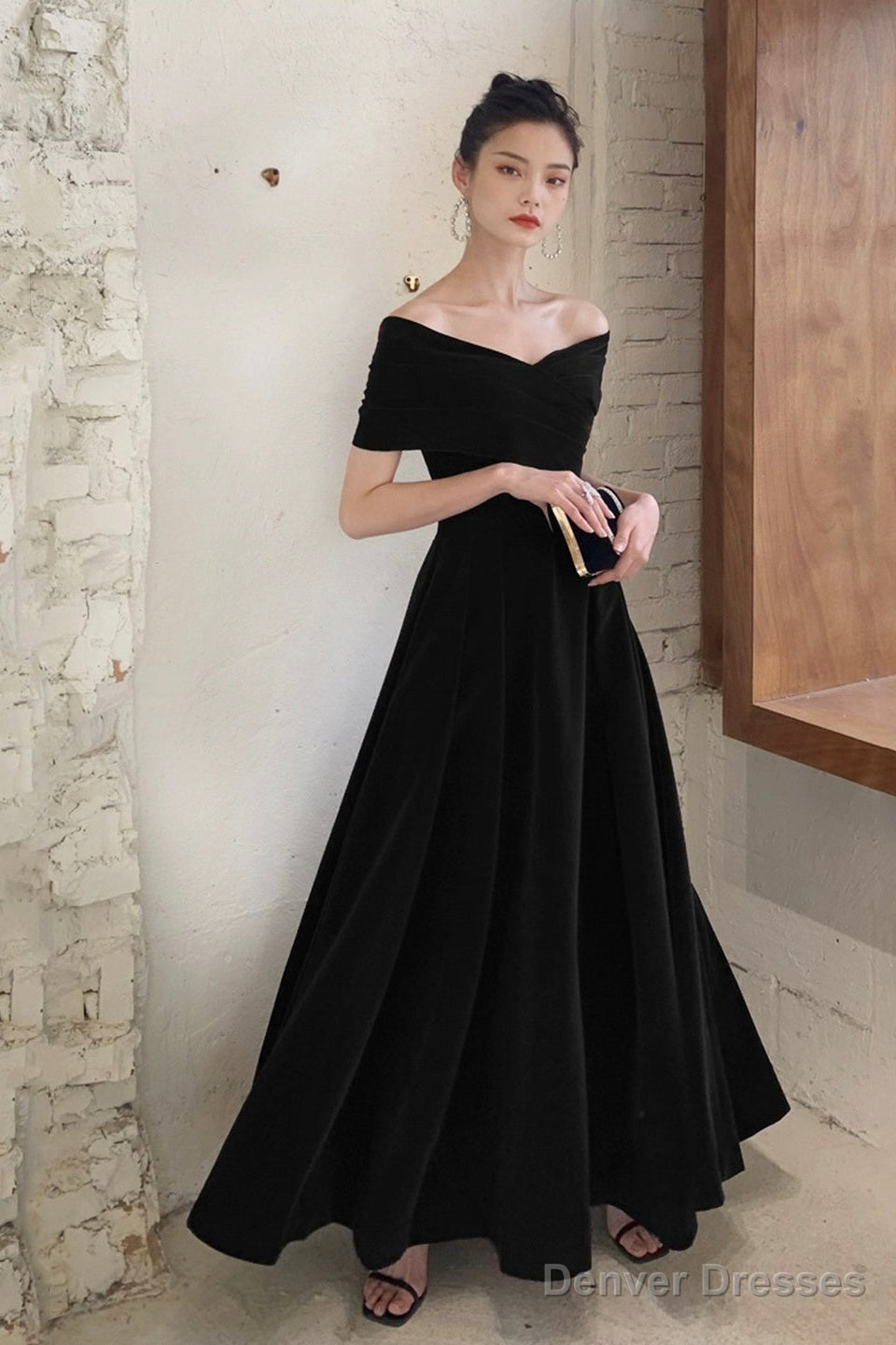 Black V-Neck Velvet Floor Length Prom Dress, Black Evening Party Dress